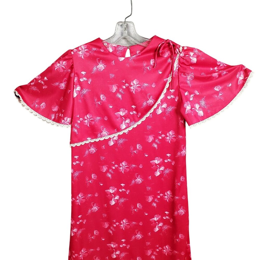 Vintage Sears Size 10 Dress Floral Lace Trim Shoulder Ribbon Floral Pattern Pink - Picture 5 of 13